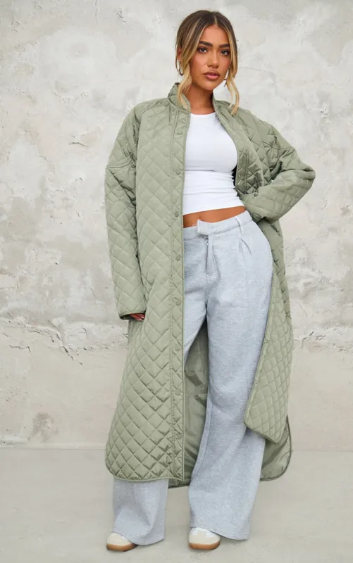Sage Khaki Maxi Quilted Coat made by Pretty Little Thing