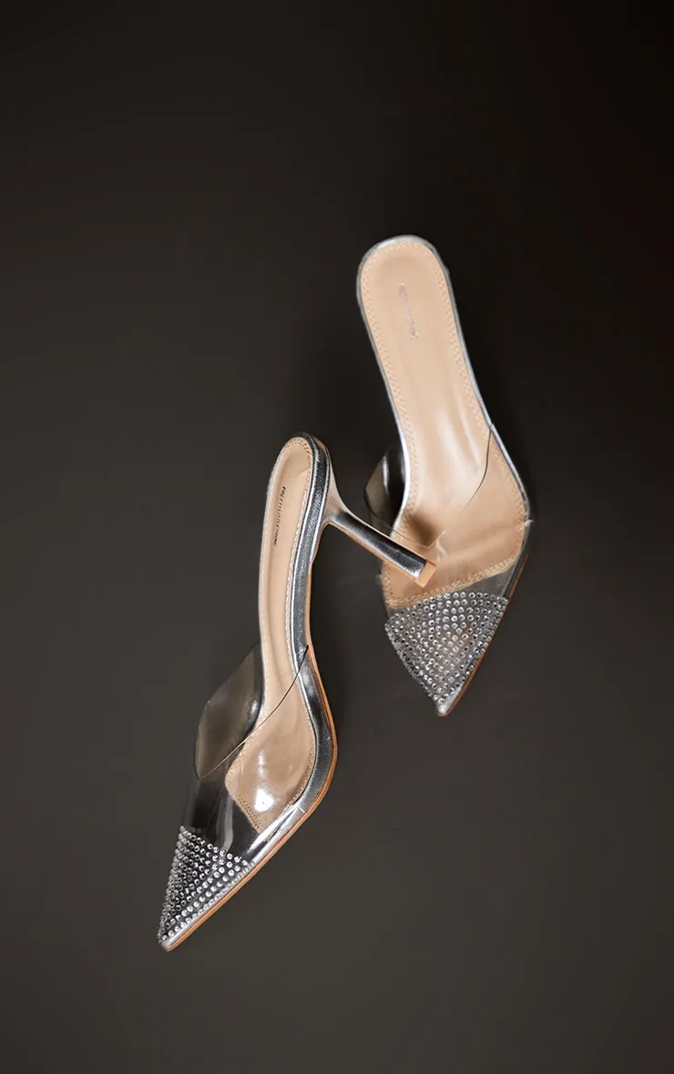 Silver Vinyl Point Toe Diamante Contrast High Heeled Court Mules sold by Pretty Little Thing product image thumbnail 3