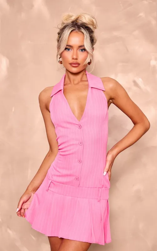 Bright Pink Pinstripe Tailored Woven Pleated Shift Dress sold by Pretty Little Thing