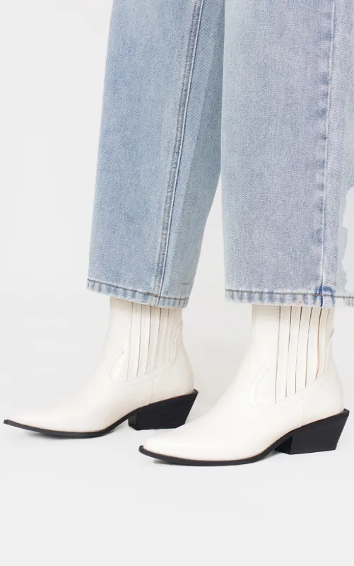 White Croc PU Point Toe Low Block Heel Western Ankle Boots sold by Pretty Little Thing