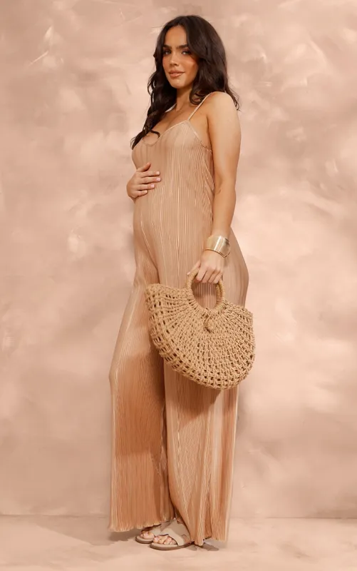 Maternity Champagne Plisse Open Back Jumpsuit sold by Pretty Little Thing