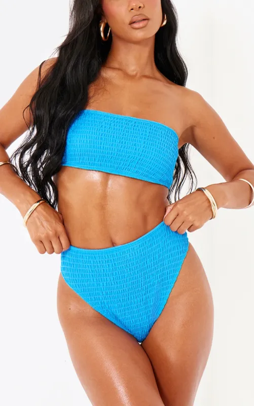 Blue Shirred High Waist Bikini Bottoms sold by Pretty Little Thing