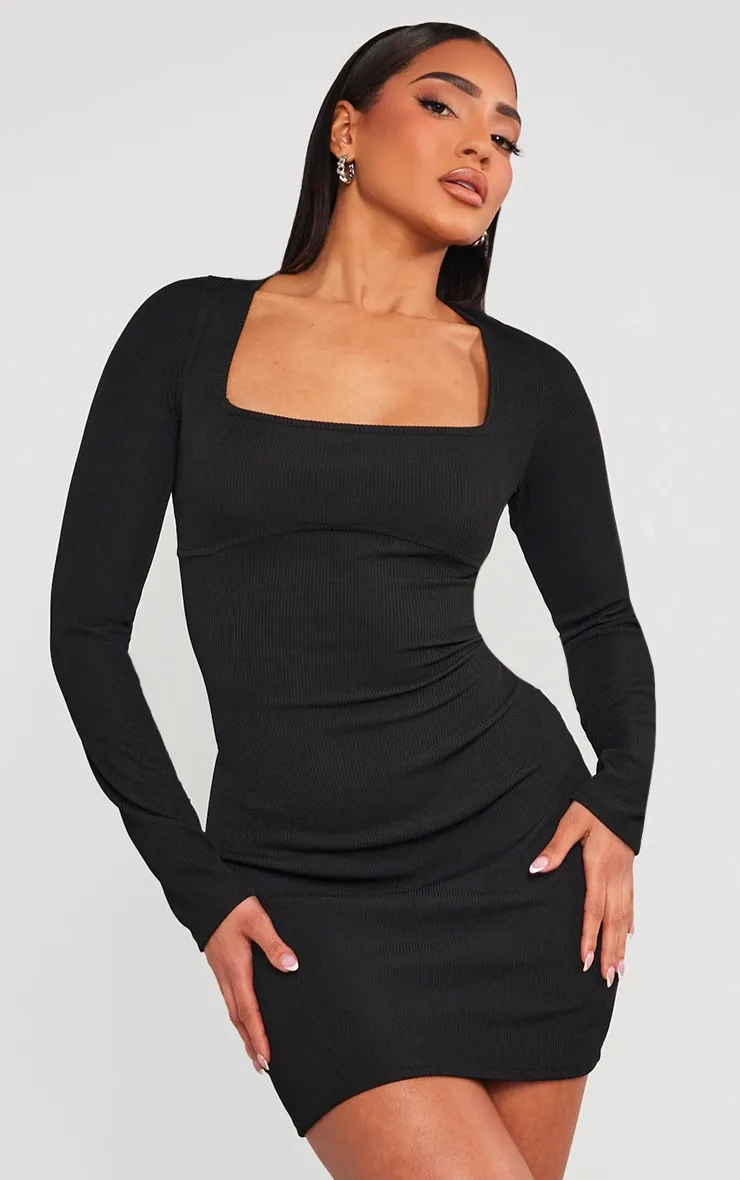 Black Ribbed Underbust Detail Long Sleeve Bodycon Dress sold by Pretty Little Thing