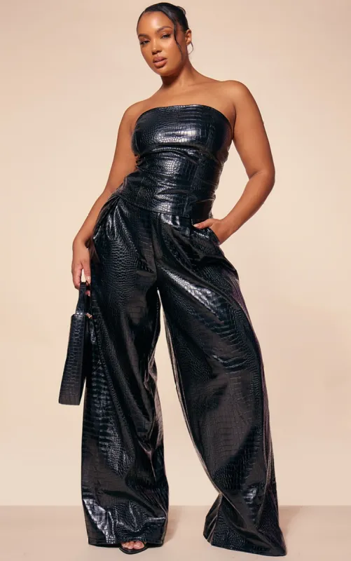 PLT Label Plus Black Croc Faux Leather Wide Leg Tailored Trouser sold by Pretty Little Thing