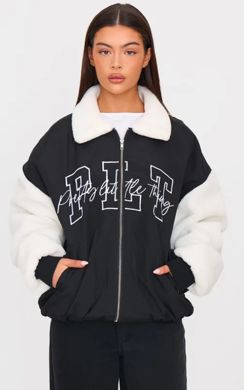 Black Nylon Contrast Faux Fur Sleeves Bomber Jacket sold by Pretty Little Thing