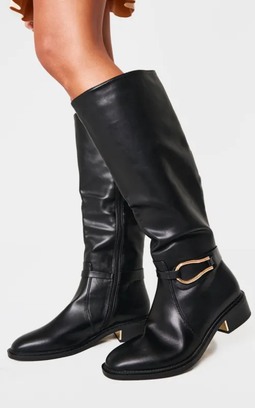 Black Wide Fit Pu Round Toe Gold Buckle Block Heel Knee High Boots sold by Pretty Little Thing