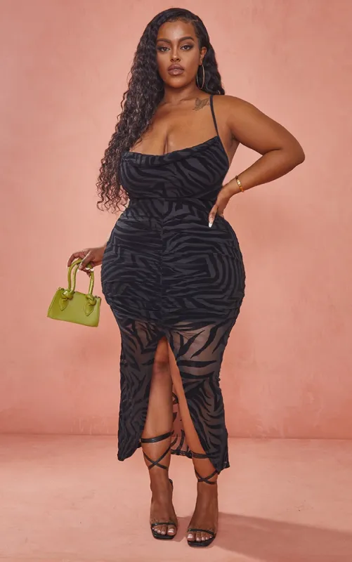 Plus Black Devore Ruched Cowl Neck Midi Dress sold by Pretty Little Thing