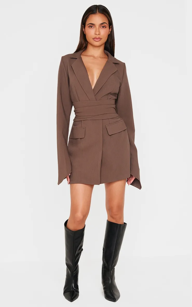 Chocolate Woven Wrap Belted Blazer Dress sold by Pretty Little Thing