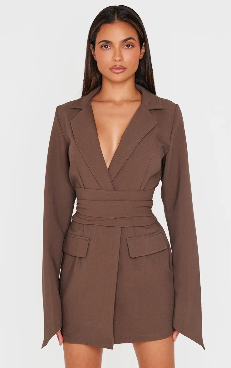 Chocolate Woven Wrap Belted Blazer Dress sold by Pretty Little Thing product image thumbnail 3