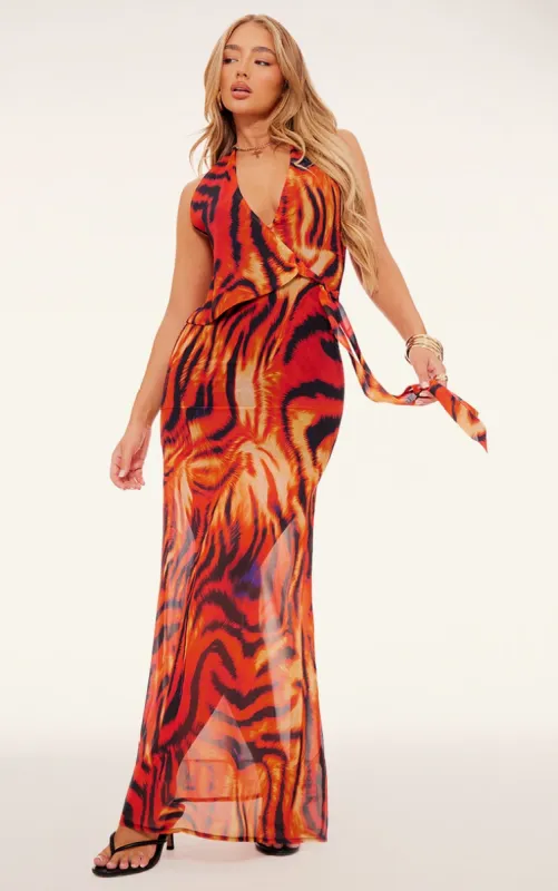Orange Print Chiffon Wrap Maxi Dress sold by Pretty Little Thing