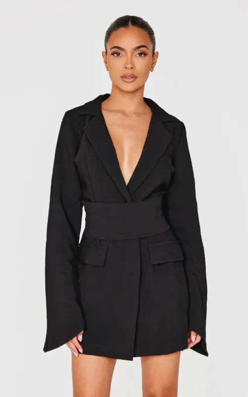 Black Woven Wrap Belt Blazer Dress sold by Pretty Little Thing