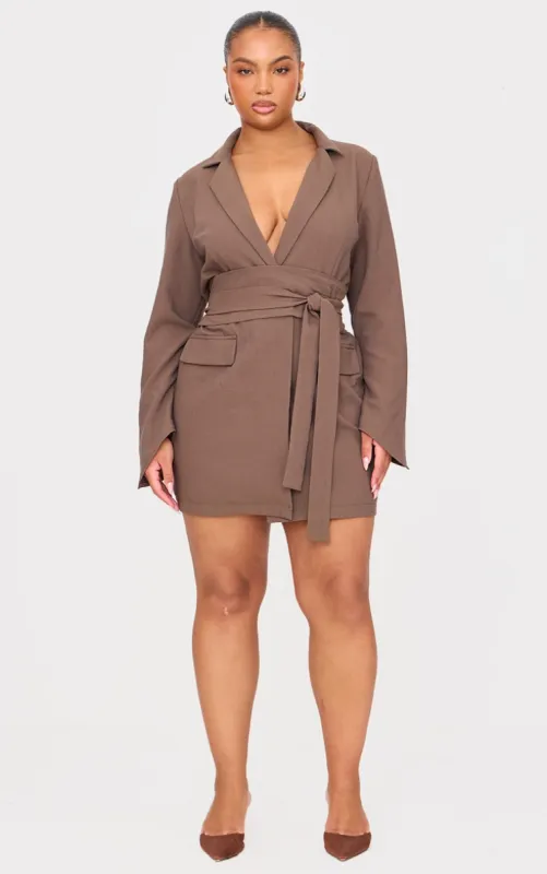 Plus Chocolate Woven Belted Blazer Dress sold by Pretty Little Thing