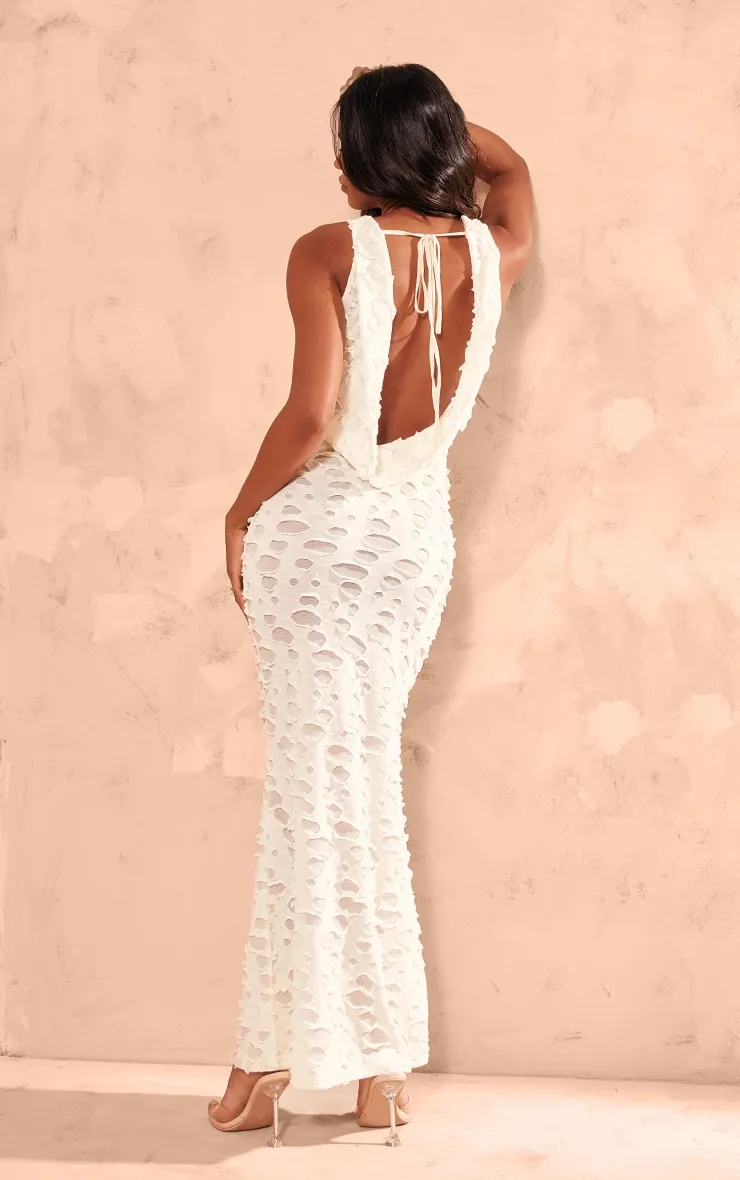 Cream Woven Textured Cowl Neck Maxi Dress sold by Pretty Little Thing