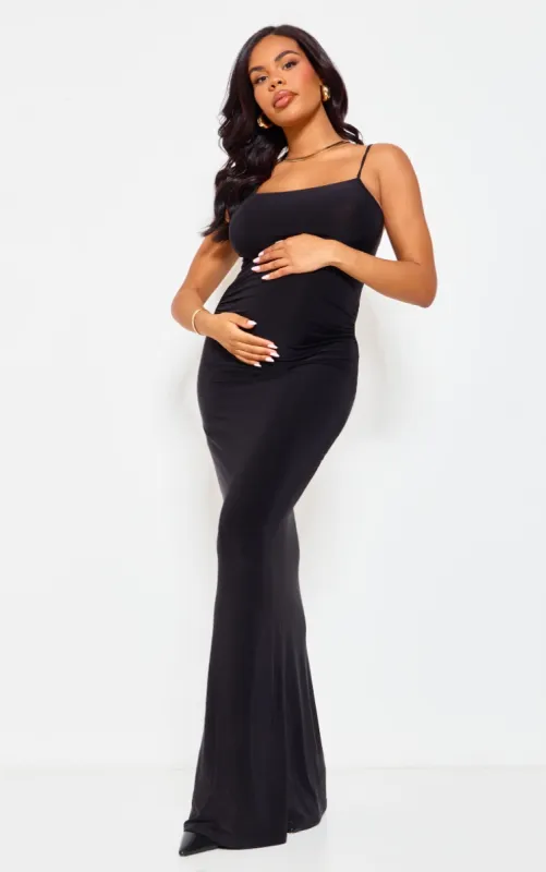 Maternity Black Slinky Straight Neck Sleeveless Maxi Dress sold by Pretty Little Thing