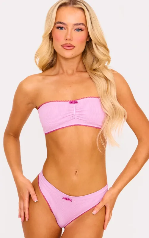 Pink Ribbed Bandeau Bra And Thong Lingerie Set sold by Pretty Little Thing