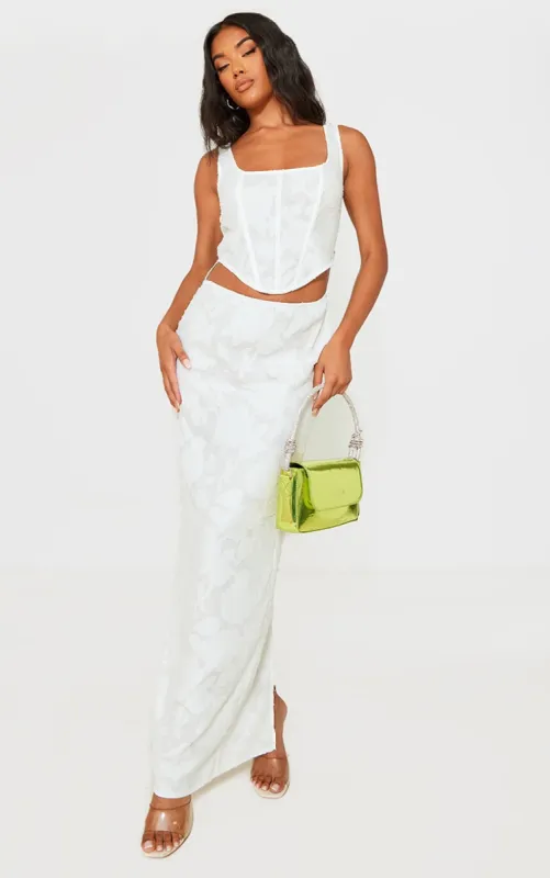 Cream Floral Burn Out Corset Cut Out Maxi Dress sold by Pretty Little Thing