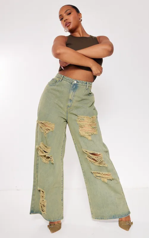 Plus Khaki Distressed Washed Denim Jeans made by Pretty Little Thing
