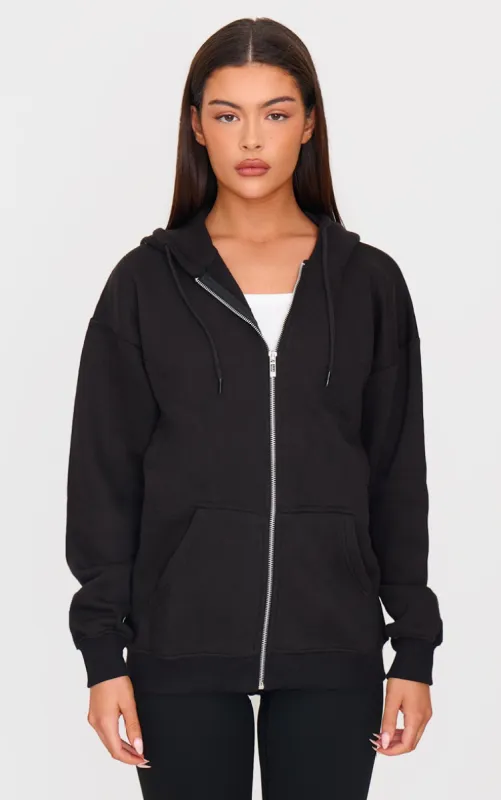 Black Oversized Zip Up Plain Front Hoodie sold by Pretty Little Thing