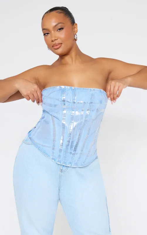 Plus Silver Washed Foil Denim Corset sold by Pretty Little Thing