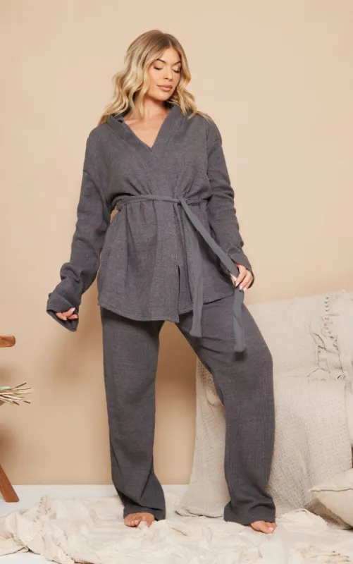  Charcoal Waffle Tie Waist Robe sold by Pretty Little Thing