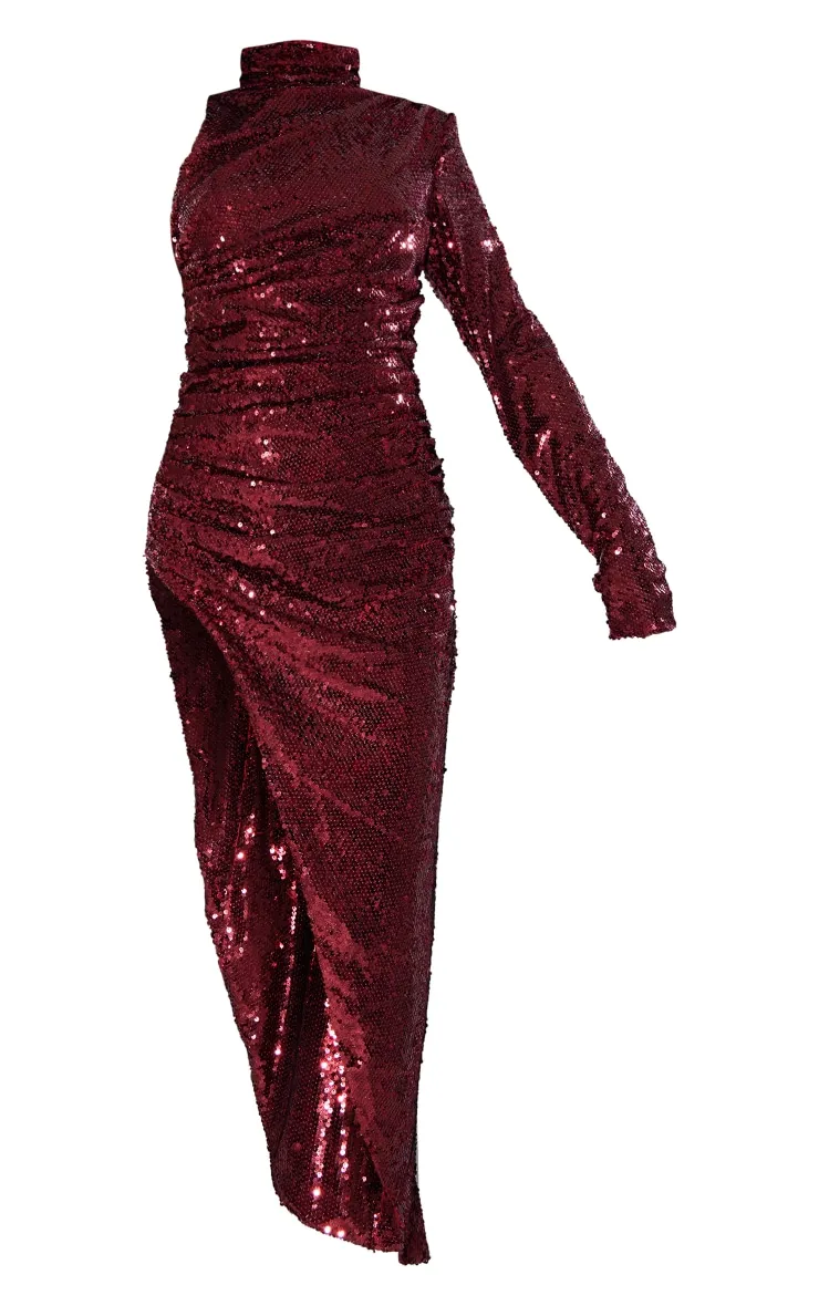 Cherry Red High Neck One Shoulder Ruched Slit Maxi Dress sold by Pretty Little Thing product image thumbnail 5