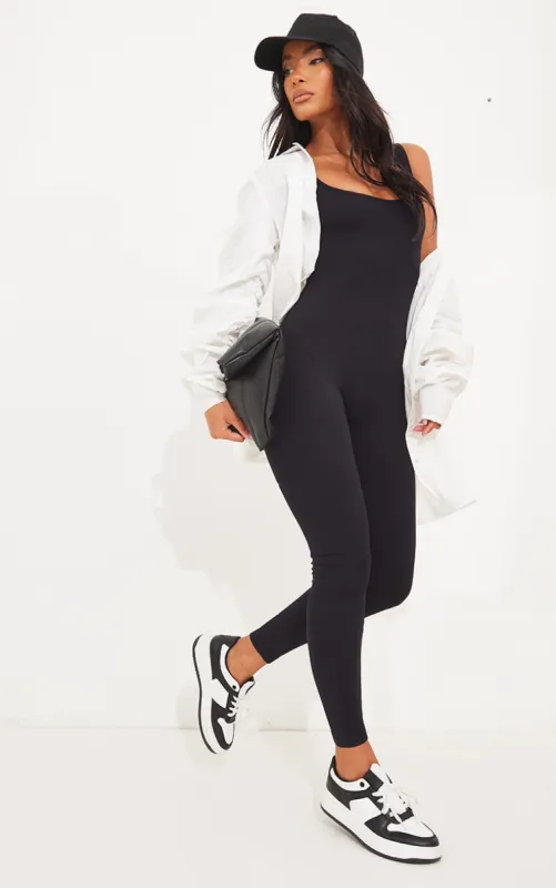Black Structured Contour Ribbed Scoop Neck Jumpsuit sold by Pretty Little Thing