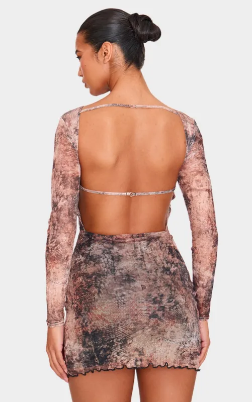 Grey Snake Printed Long Sleeve Open Back Mini Dress sold by Pretty Little Thing