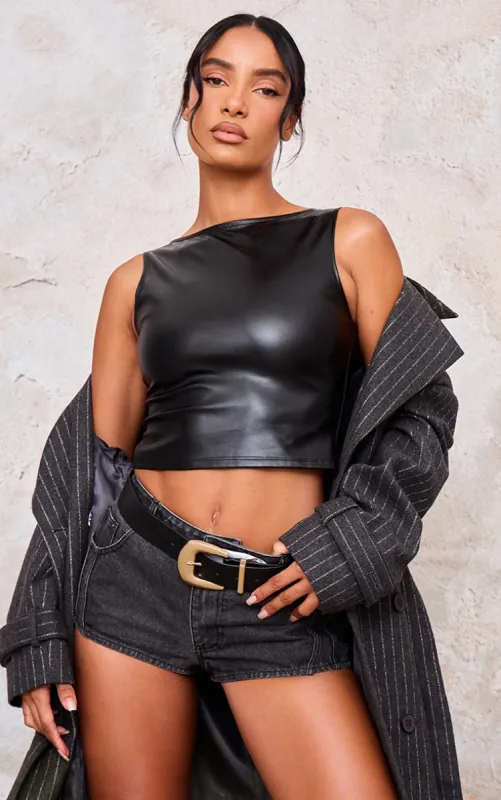Black Boatneck Faux Leather Long Top sold by Pretty Little Thing