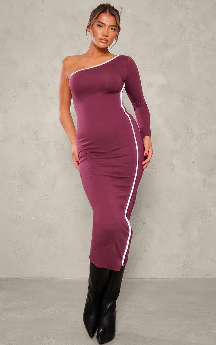 Burgundy Cotton Contrast Seam One Shoulder Midaxi Dress sold by Pretty Little Thing