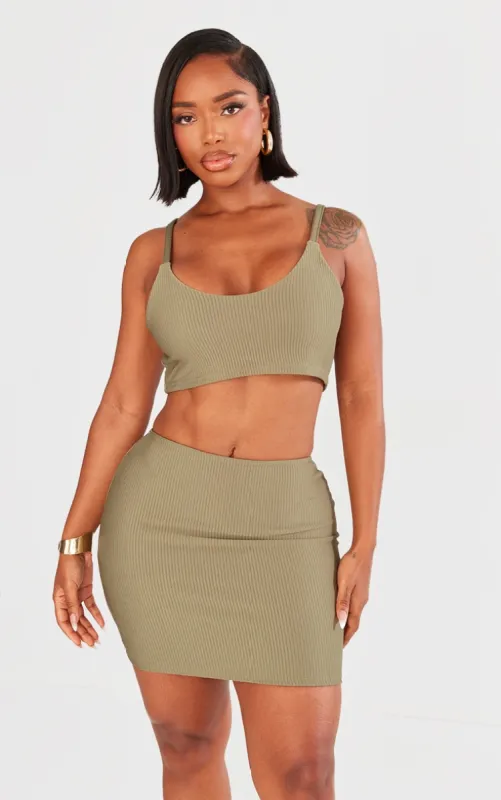 Shape Olive Ribbed Strappy Crop Top sold by Pretty Little Thing