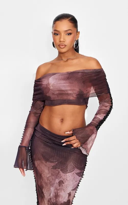 Brown Textured Print Bardot Crop Top sold by Pretty Little Thing