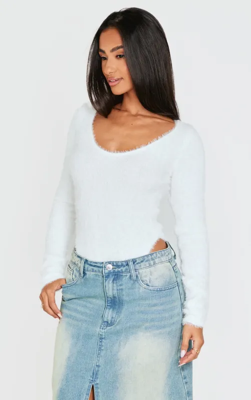 Petite Cream Fluffy Round Neck Scoop Bodysuit sold by Pretty Little Thing