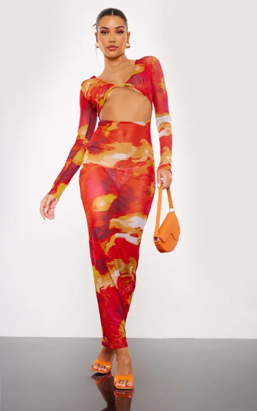 Red Abstract Print Cut Out Long Sleeve Mesh Maxi Dress sold by Pretty Little Thing