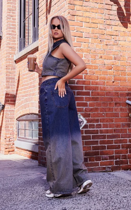Dark Blue Wash Ombre Low Rise Wide Leg Jeans sold by Pretty Little Thing
