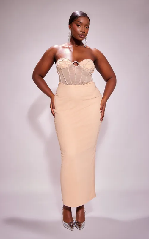 Plus Nude Diamante Corset Bandeau Maxi Dress sold by Pretty Little Thing