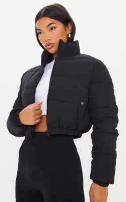 Black Cropped Peach Skin Bubble Puffer Jacket sold by Pretty Little Thing