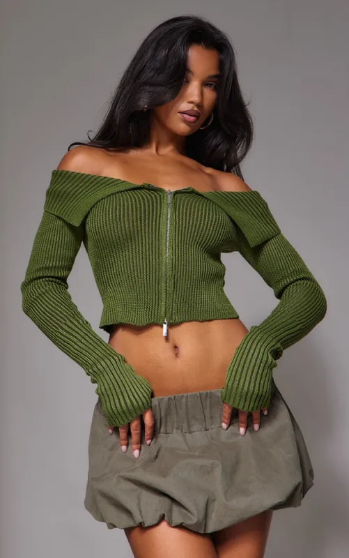 Khaki Thick Rib Knit Foldover Zip Up Bardot Top made by Pretty Little Thing