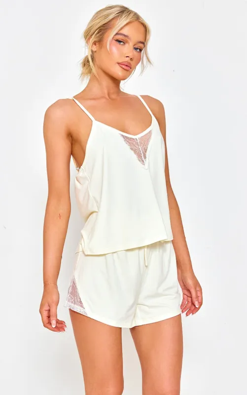 Cream Lace Detail Cami And Short Pyjama Set sold by Pretty Little Thing