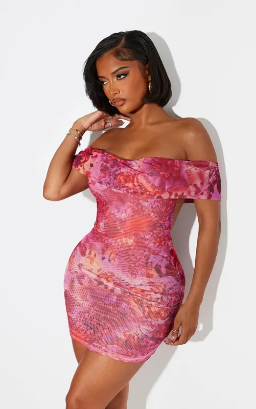 Shape Pink Tropical Printed Mesh Bardot Bodycon Dress sold by Pretty Little Thing