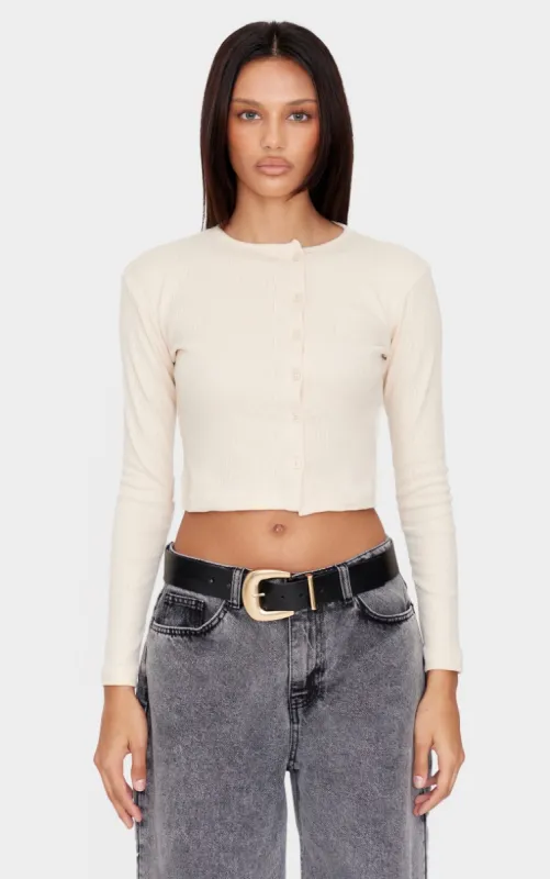 Cream Ribbed Aysmmetric Button Down Fitted Long Sleeve Top made by Pretty Little Thing