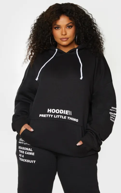 PRETTYLITTLETHING Plus Black Oversized Fit Slogan Printed Hoodie sold by Pretty Little Thing