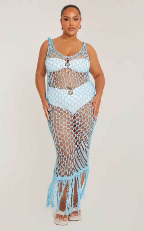 Plus Blue Fishnet Knitted Maxi Dress sold by Pretty Little Thing
