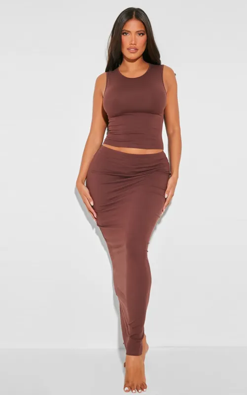 Shape Brown Sculpted Low Rise Maxi Skirt sold by Pretty Little Thing