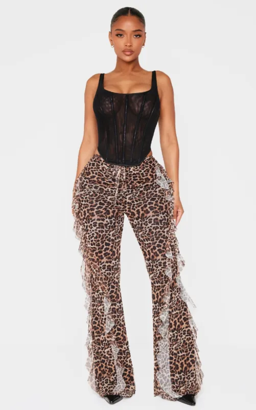 Shape Leopard Print Frill Flared Strappy Waist Trousers sold by Pretty Little Thing