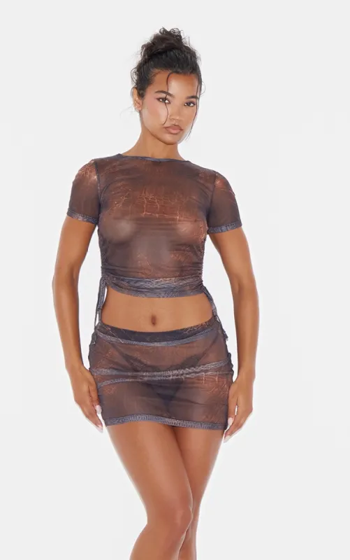 Brown Snake Print Mesh Short Sleeve Ruched Side Crop Top sold by Pretty Little Thing