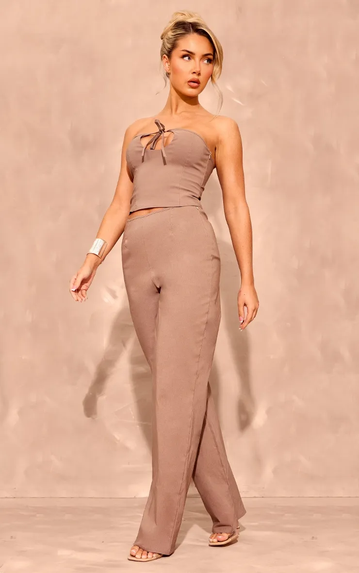 Taupe Stretch Woven Seam Detail Straight Leg Trousers sold by Pretty Little Thing