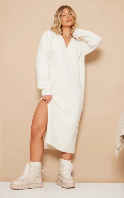 Ecru Knit V Neck Oversized Slouchy Maxi Dress sold by Pretty Little Thing