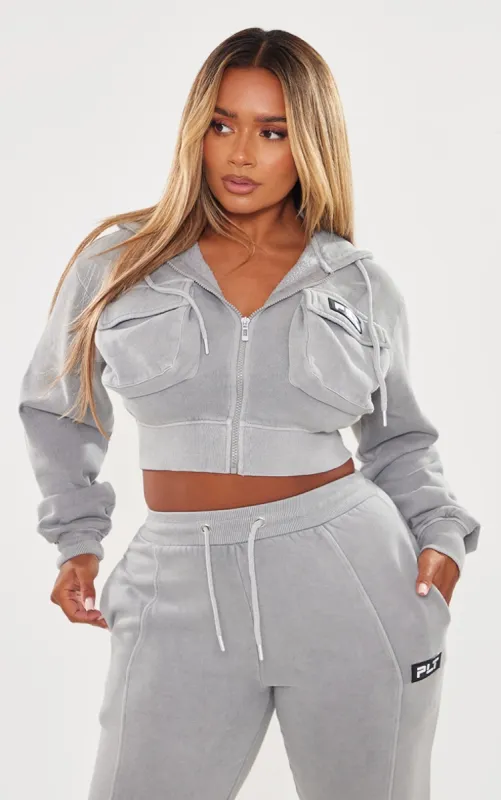 PRETTYLITTLETHING Shape Grey Marl Washed Cargo Cropped Hoodie sold by Pretty Little Thing