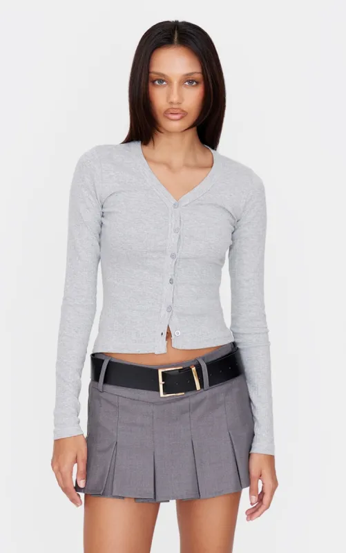 Grey Ribbed Button Down V Neck Long Sleeve Top sold by Pretty Little Thing