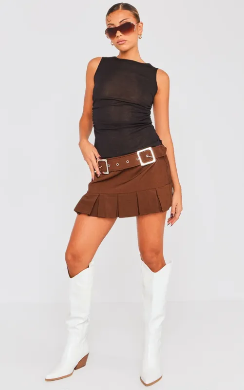 Chocolate Woven Double Buckle Pleated Micro Mini Skirt sold by Pretty Little Thing